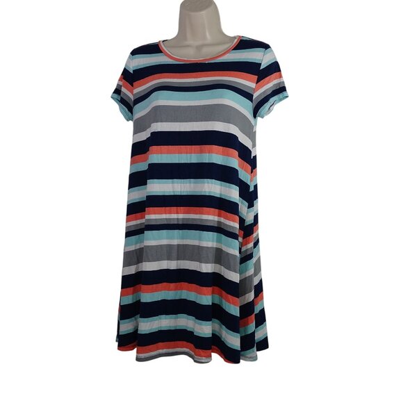Arizona Jean Co Striped Multicolor Blue Swing Dress Women Size M Short Sleeve - Picture 1 of 8